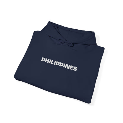 Philippines Graphic Hoodie — Minimal White Text with Gold Sun Sleeve Accent
