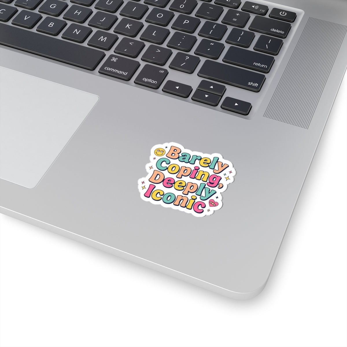 Barely Coping, Deeply Iconic Sticker | mental health humor, retro wavy text