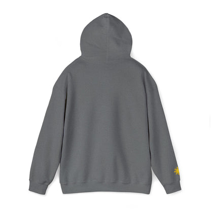Philippines Graphic Hoodie — Minimal White Text with Gold Sun Sleeve Accent