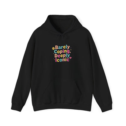 Barely Coping Deceptively Iconic Hoodie | mental health humor, retro wavy text