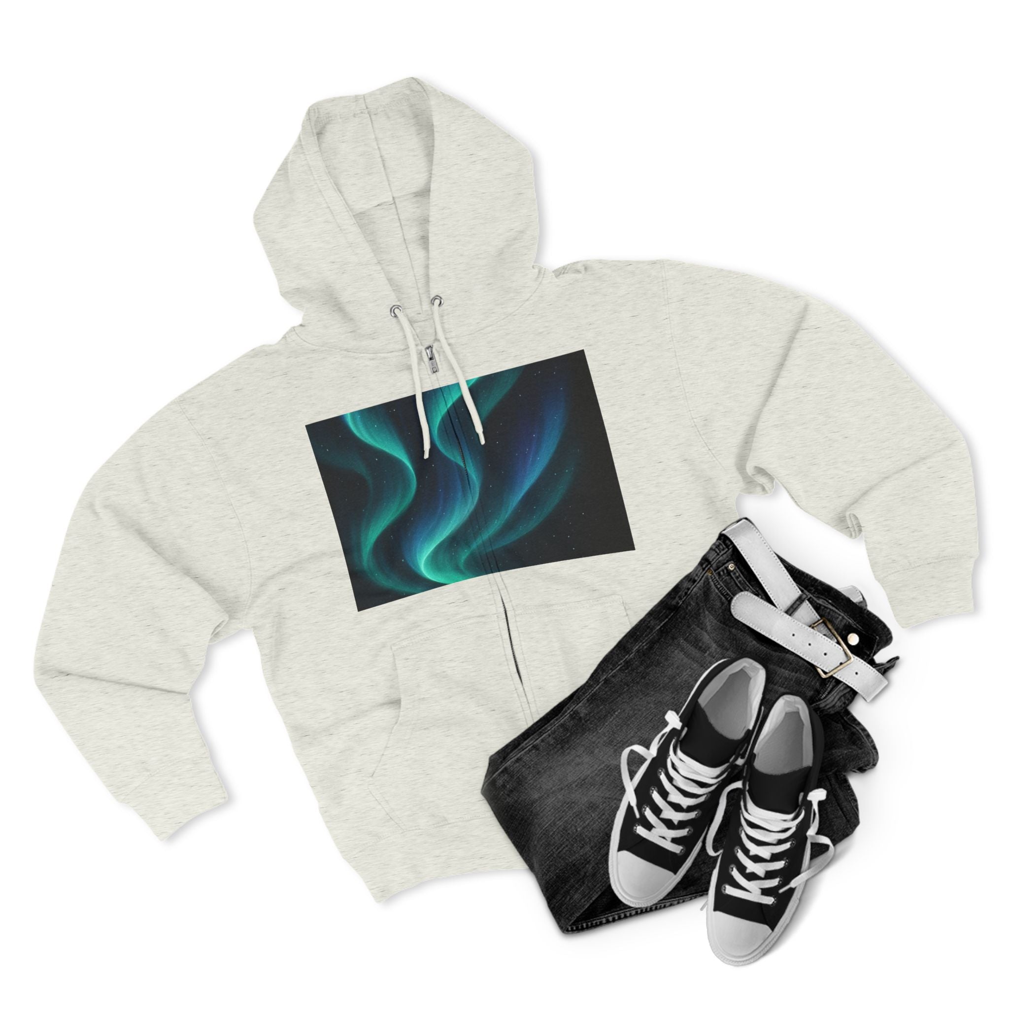 Aurora Wave Zip Hoodie — Northern Lights Abstract Graphic Hoodie