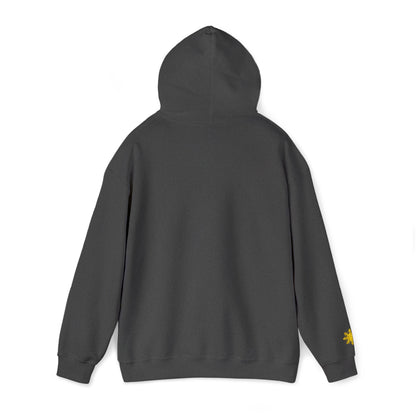 Philippines Graphic Hoodie — Minimal White Text with Gold Sun Sleeve Accent
