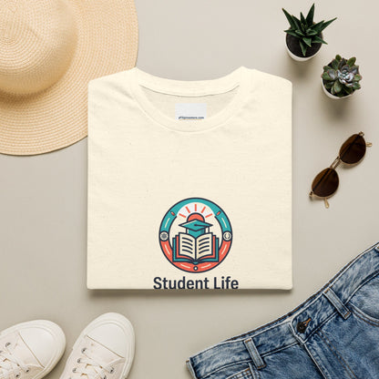 Student Life T-Shirt — Campus Book & Sunrise Design
