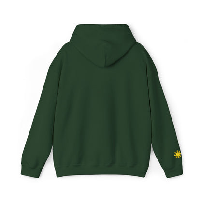 Philippines Graphic Hoodie — Minimal White Text with Gold Sun Sleeve Accent