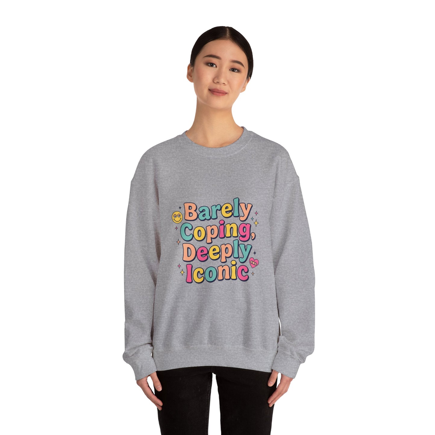 Barely Coping Deeply Iconic Sweatshirt | mental health humor, retro wavy text