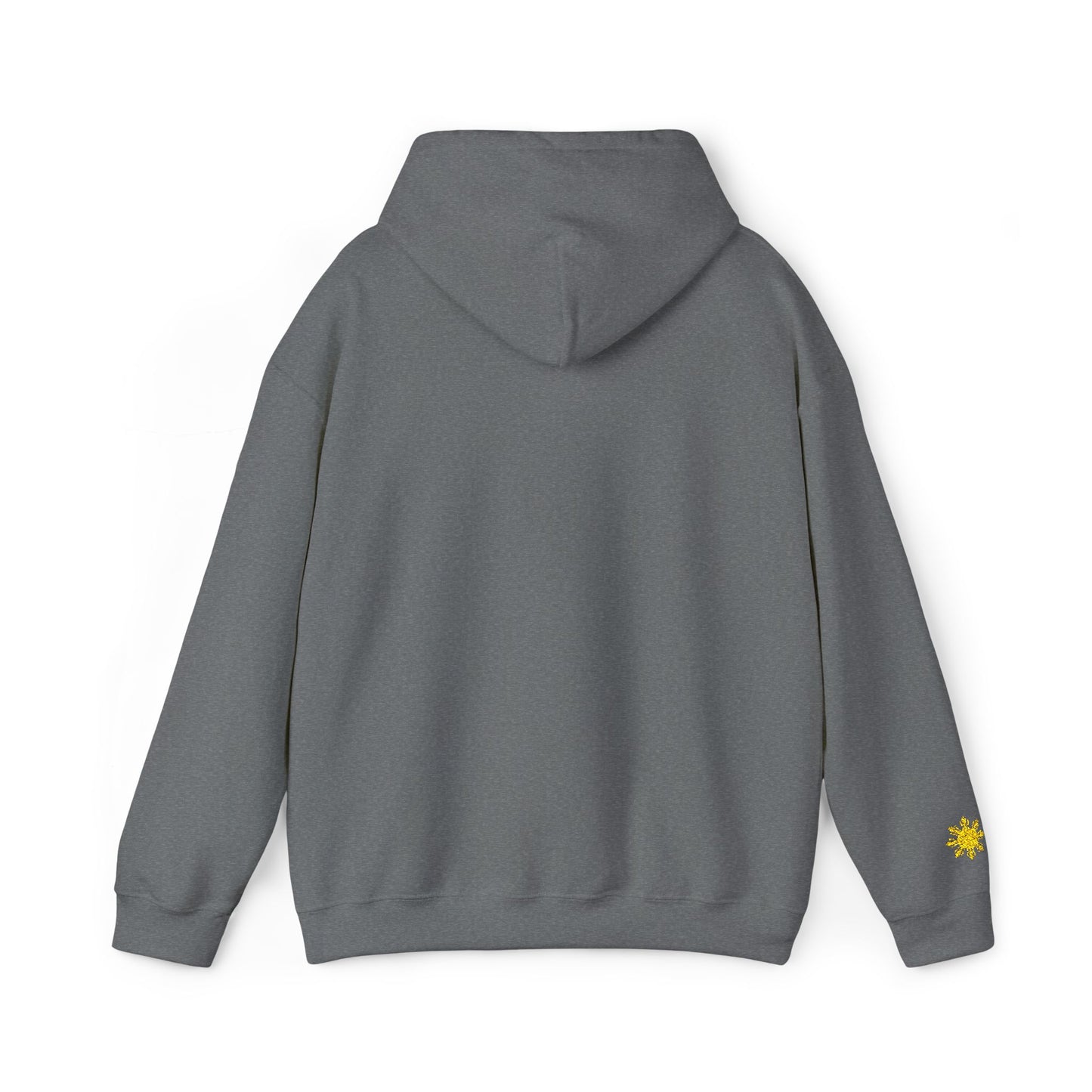 Philippines Graphic Hoodie — Minimal White Text with Gold Sun Sleeve Accent