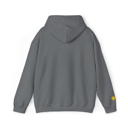 Philippines Graphic Hoodie — Minimal White Text with Gold Sun Sleeve Accent