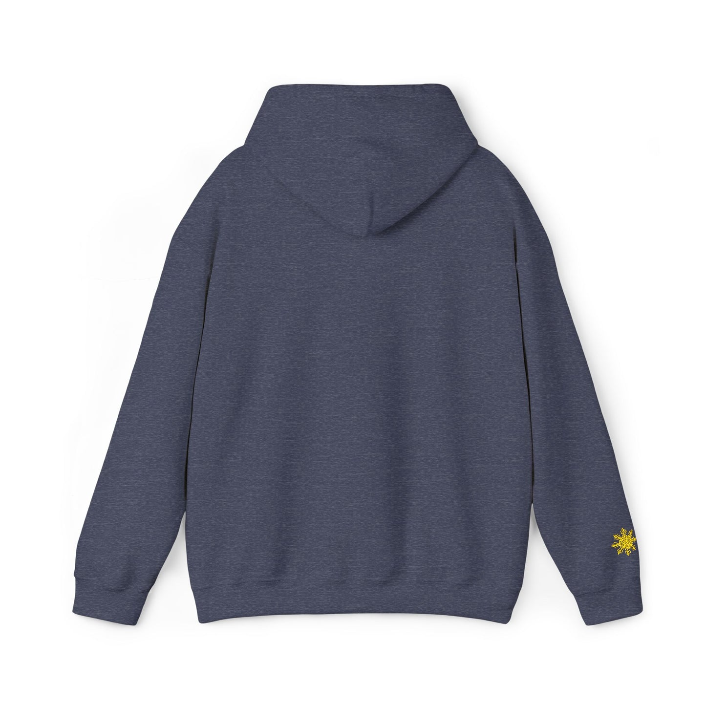 Philippines Graphic Hoodie — Minimal White Text with Gold Sun Sleeve Accent