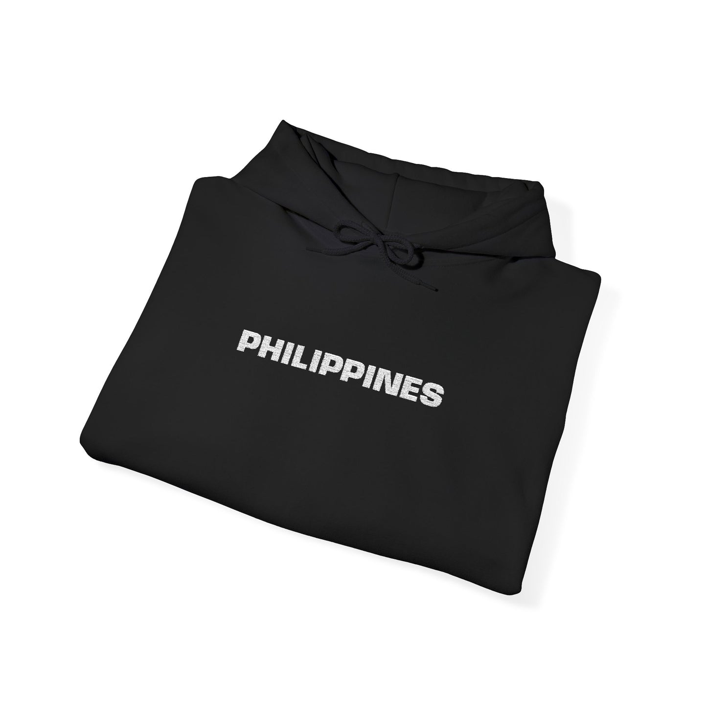 Philippines Graphic Hoodie — Minimal White Text with Gold Sun Sleeve Accent