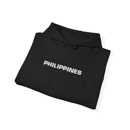 Philippines Graphic Hoodie — Minimal White Text with Gold Sun Sleeve Accent