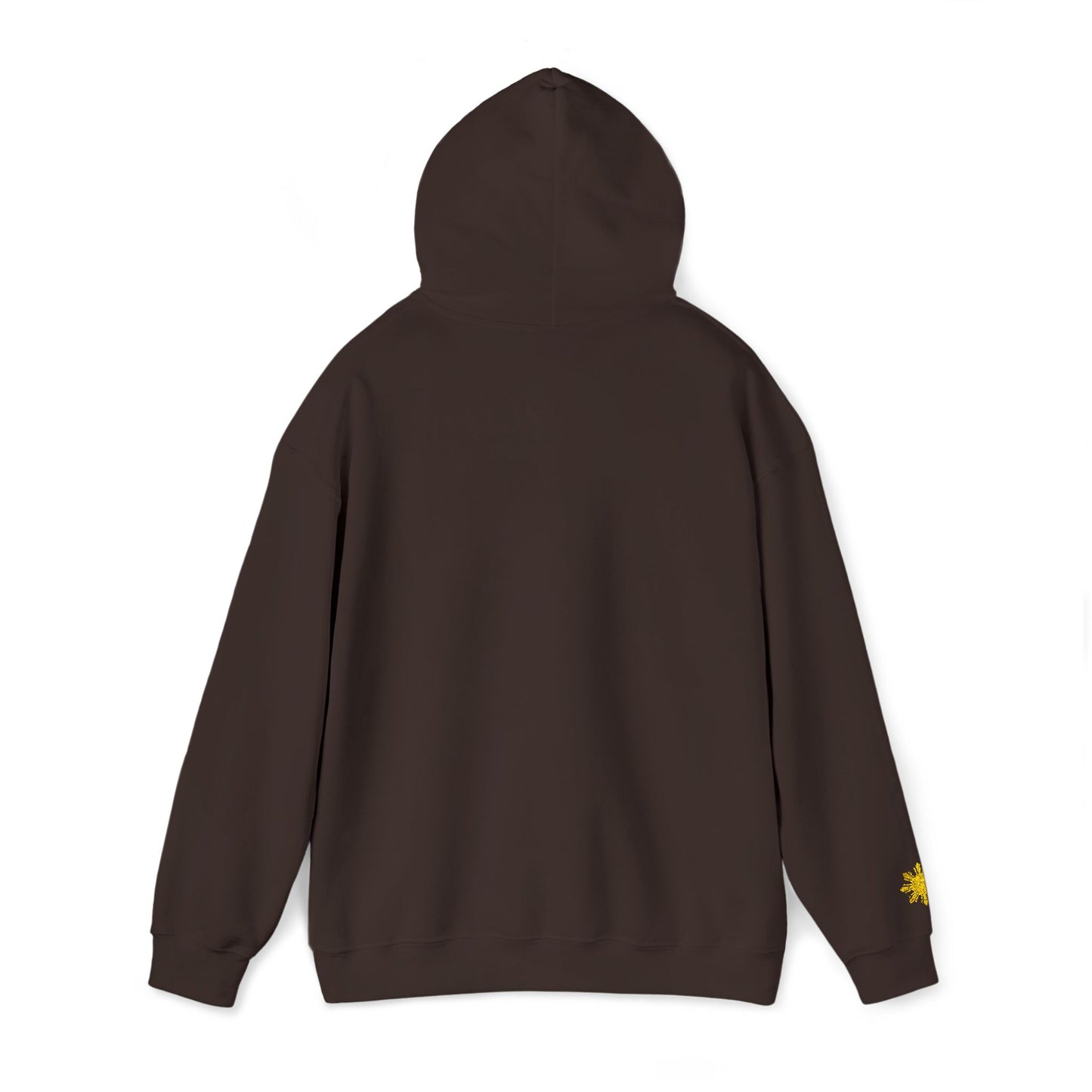 Philippines Graphic Hoodie — Minimal White Text with Gold Sun Sleeve Accent