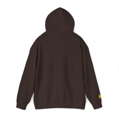 Philippines Graphic Hoodie — Minimal White Text with Gold Sun Sleeve Accent