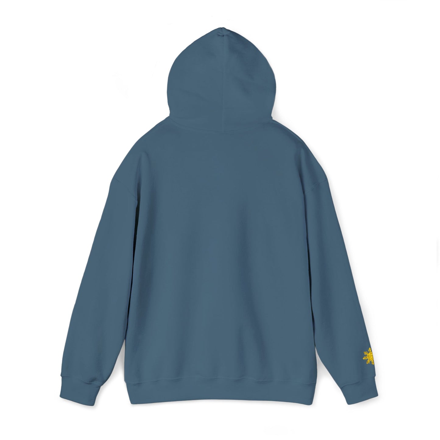Philippines Graphic Hoodie — Minimal White Text with Gold Sun Sleeve Accent
