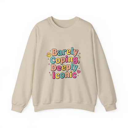Barely Coping Deeply Iconic Sweatshirt | mental health humor, retro wavy text