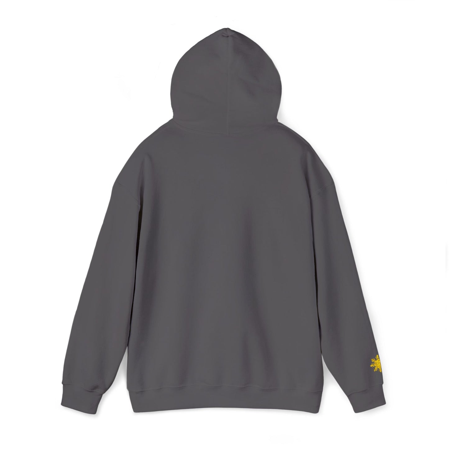 Philippines Graphic Hoodie — Minimal White Text with Gold Sun Sleeve Accent