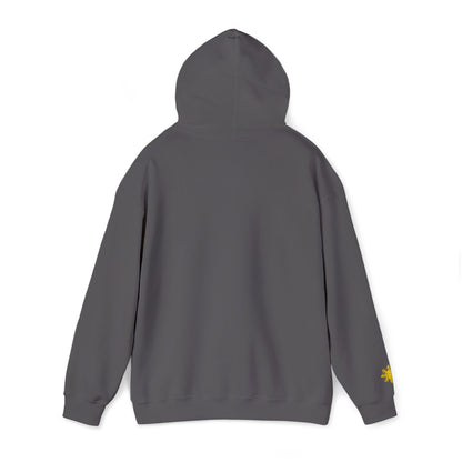 Philippines Graphic Hoodie — Minimal White Text with Gold Sun Sleeve Accent