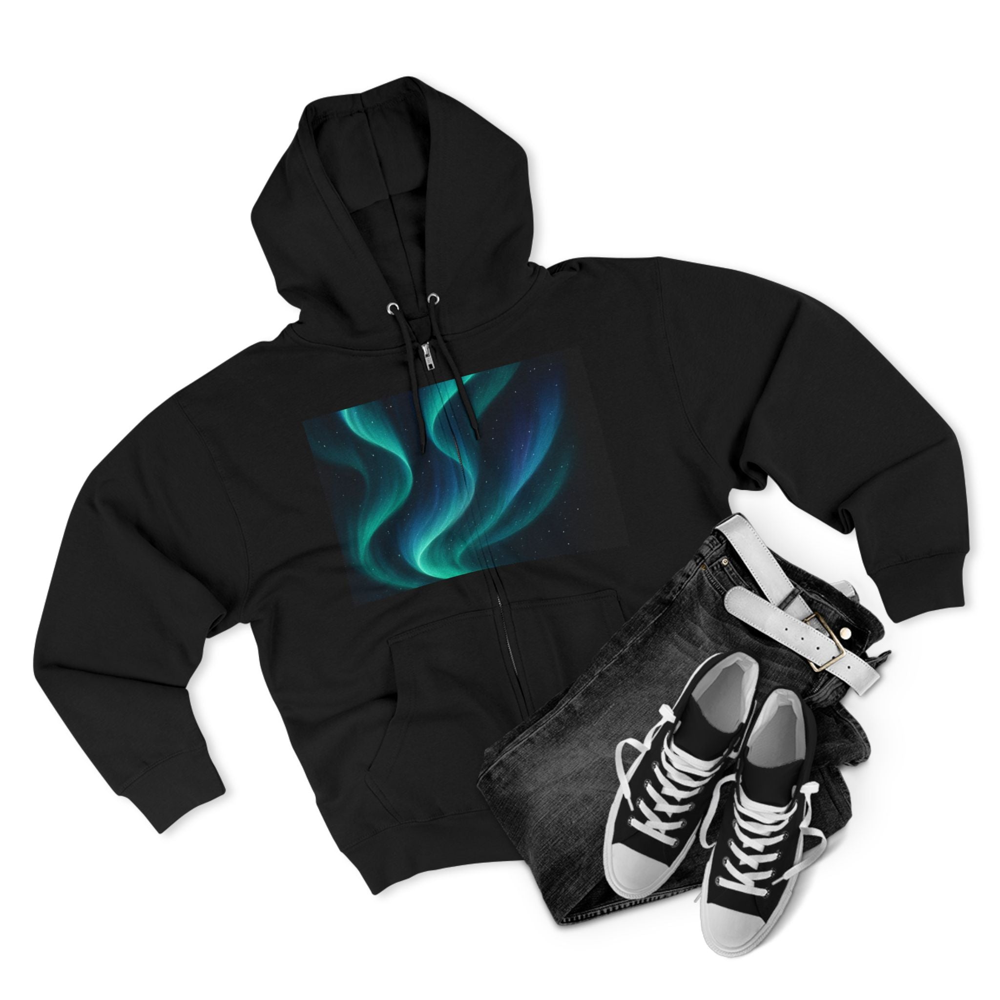 Aurora Wave Zip Hoodie — Northern Lights Abstract Graphic Hoodie
