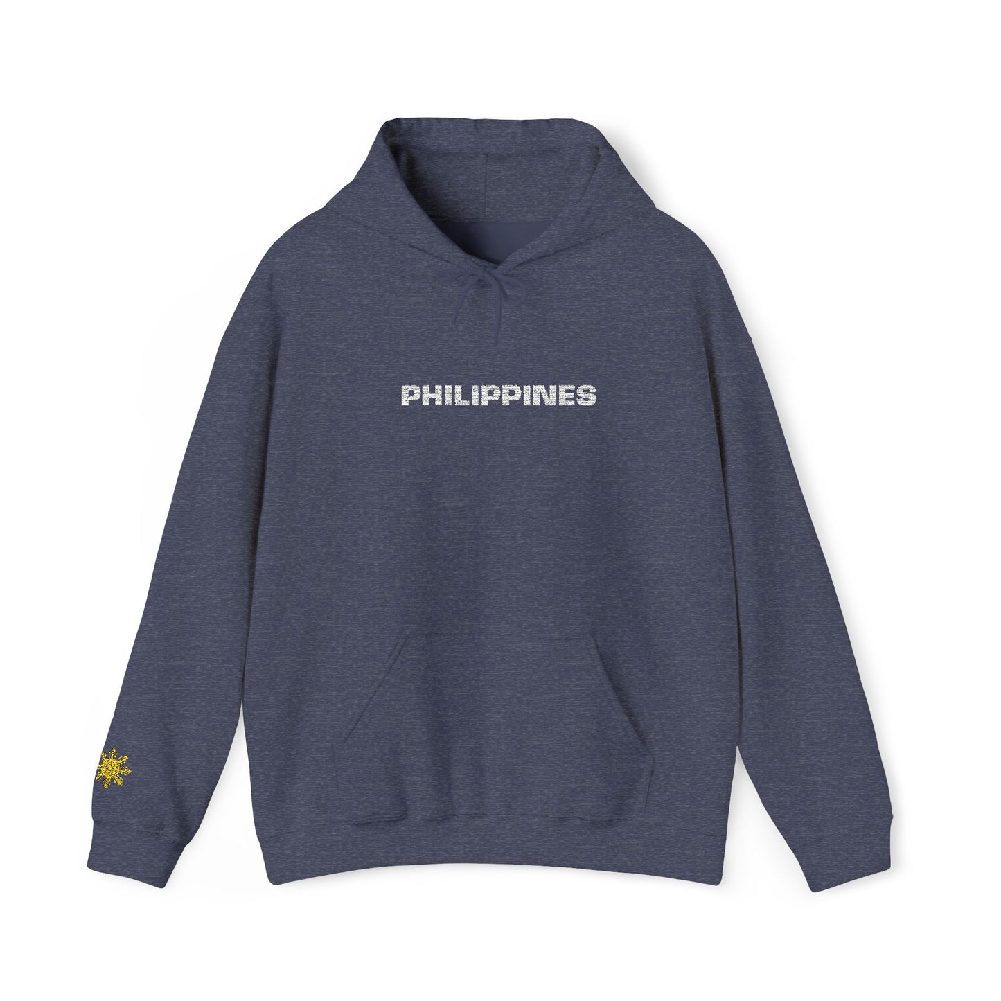 Philippines Graphic Hoodie — Minimal White Text with Gold Sun Sleeve Accent