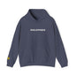 Philippines Graphic Hoodie — Minimal White Text with Gold Sun Sleeve Accent