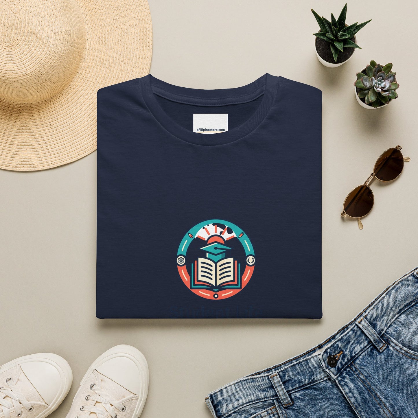 Student Life T-Shirt — Campus Book & Sunrise Design