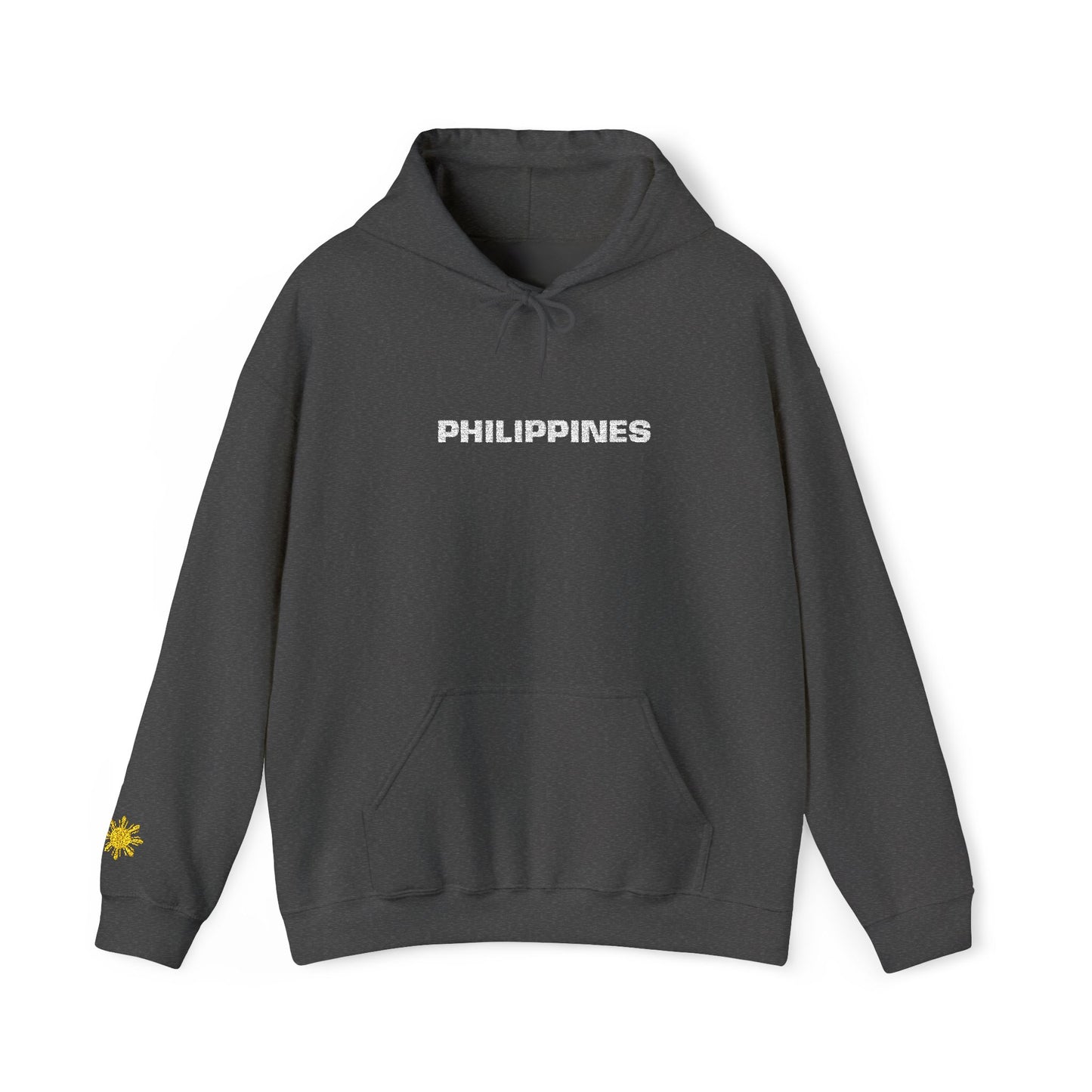Philippines Graphic Hoodie — Minimal White Text with Gold Sun Sleeve Accent