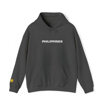 Philippines Graphic Hoodie — Minimal White Text with Gold Sun Sleeve Accent
