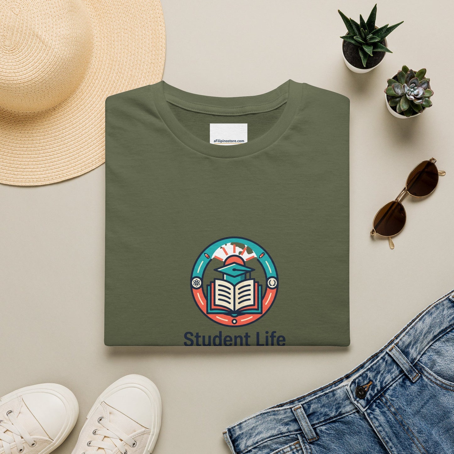 Student Life T-Shirt — Campus Book & Sunrise Design
