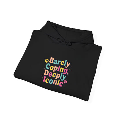 Barely Coping Deceptively Iconic Hoodie | mental health humor, retro wavy text