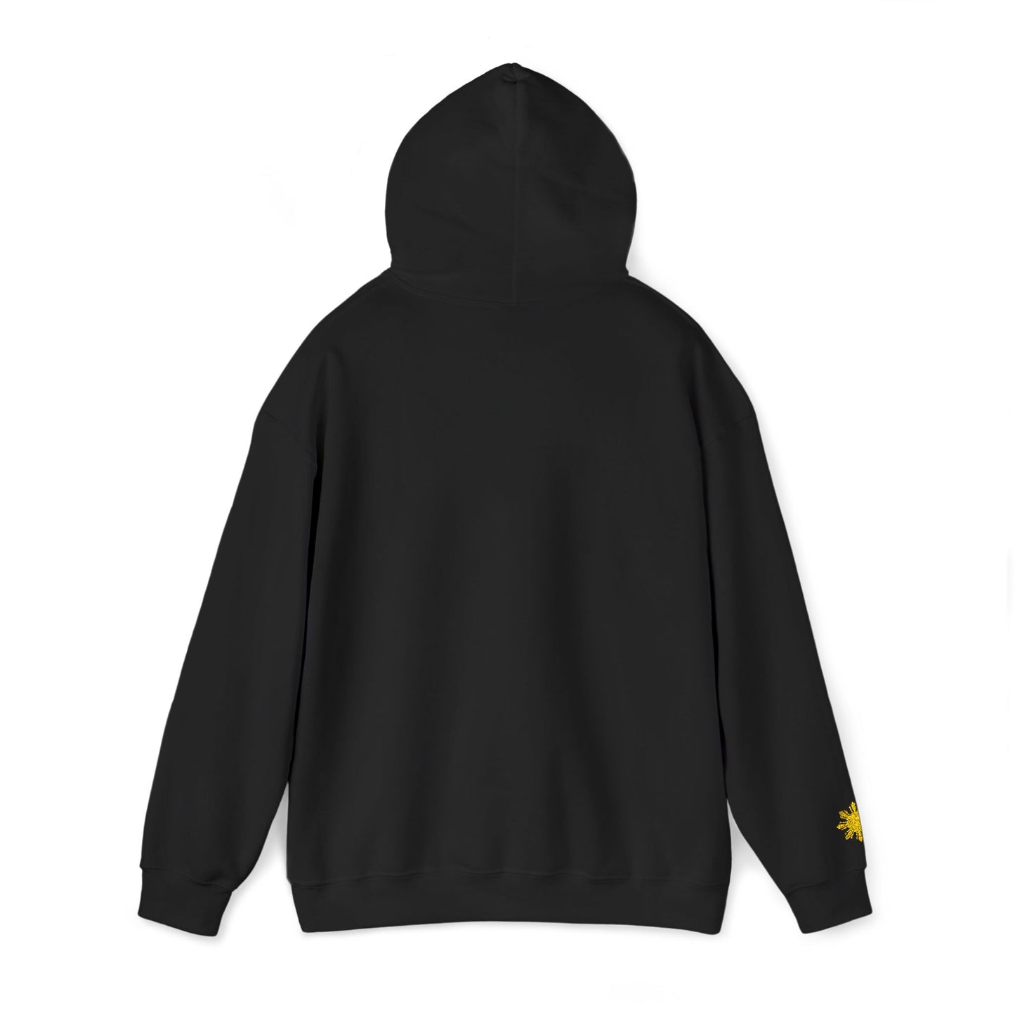 Philippines Graphic Hoodie — Minimal White Text with Gold Sun Sleeve Accent