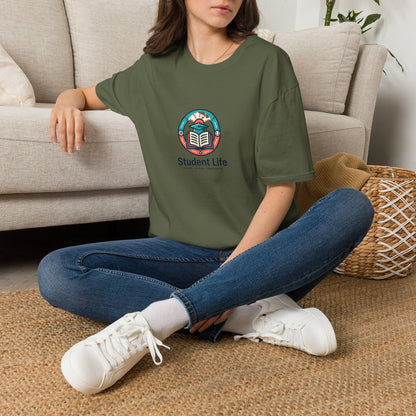 Student Life T-Shirt — Campus Book & Sunrise Design
