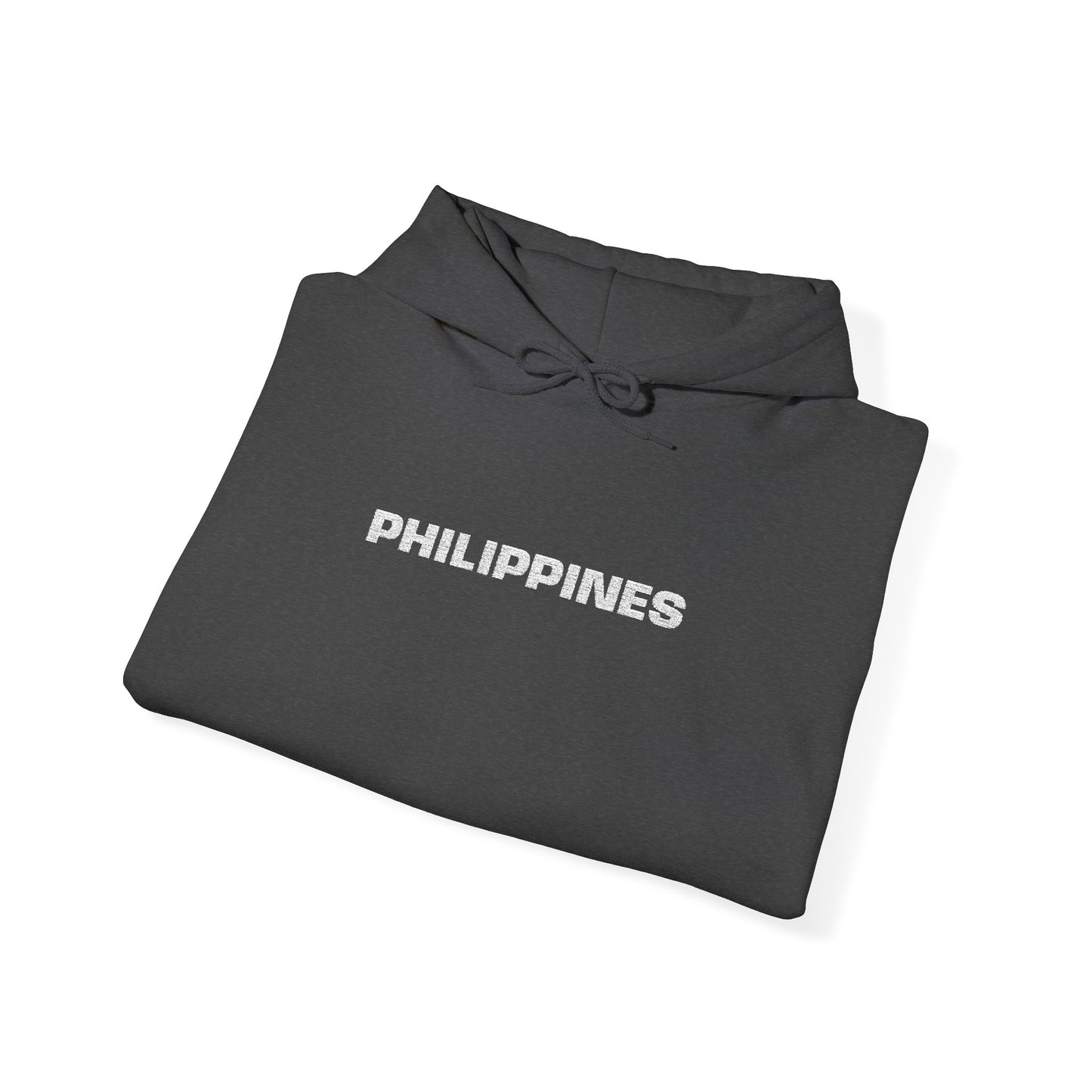 Philippines Graphic Hoodie — Minimal White Text with Gold Sun Sleeve Accent