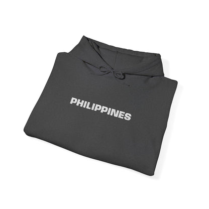 Philippines Graphic Hoodie — Minimal White Text with Gold Sun Sleeve Accent