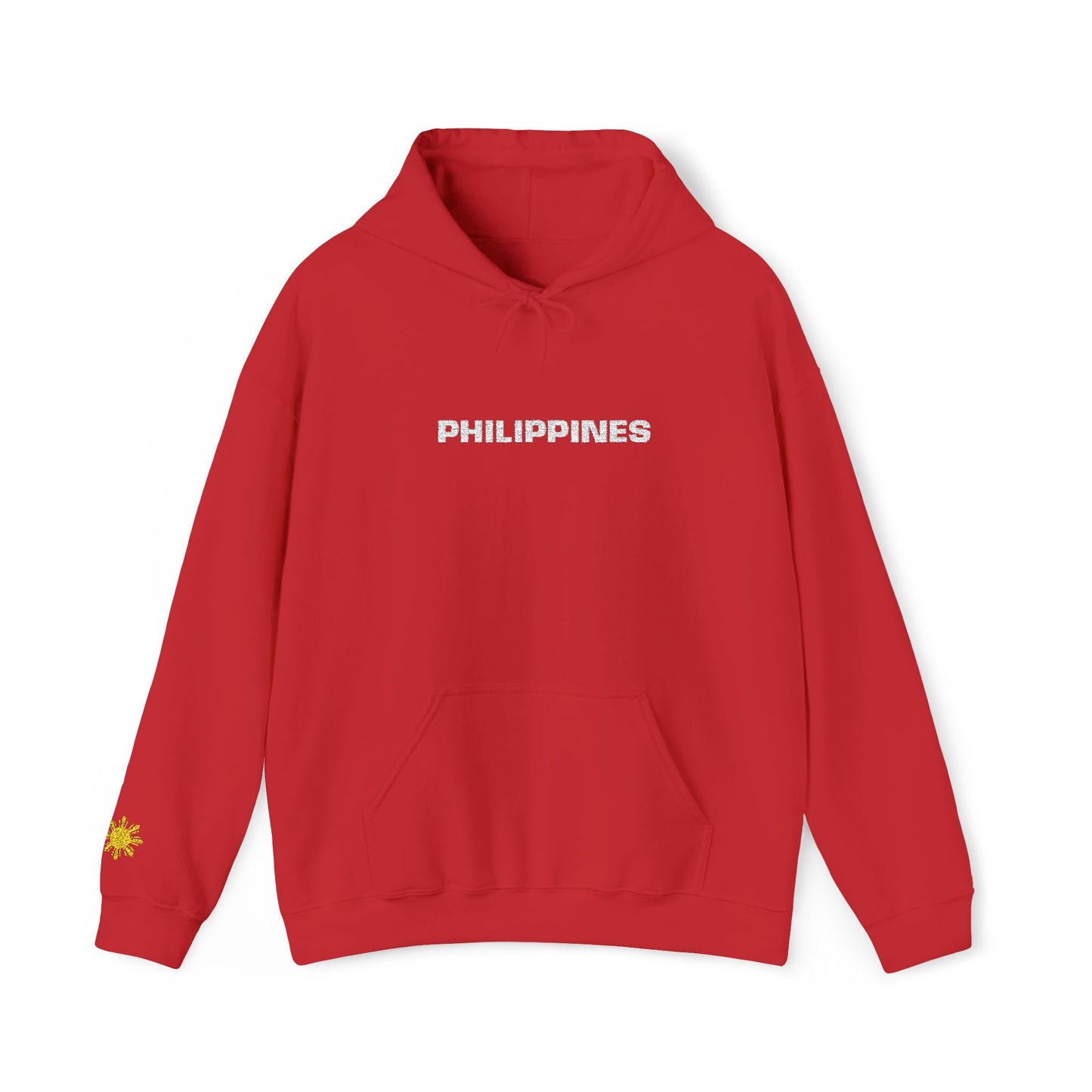 Philippines Graphic Hoodie — Minimal White Text with Gold Sun Sleeve Accent