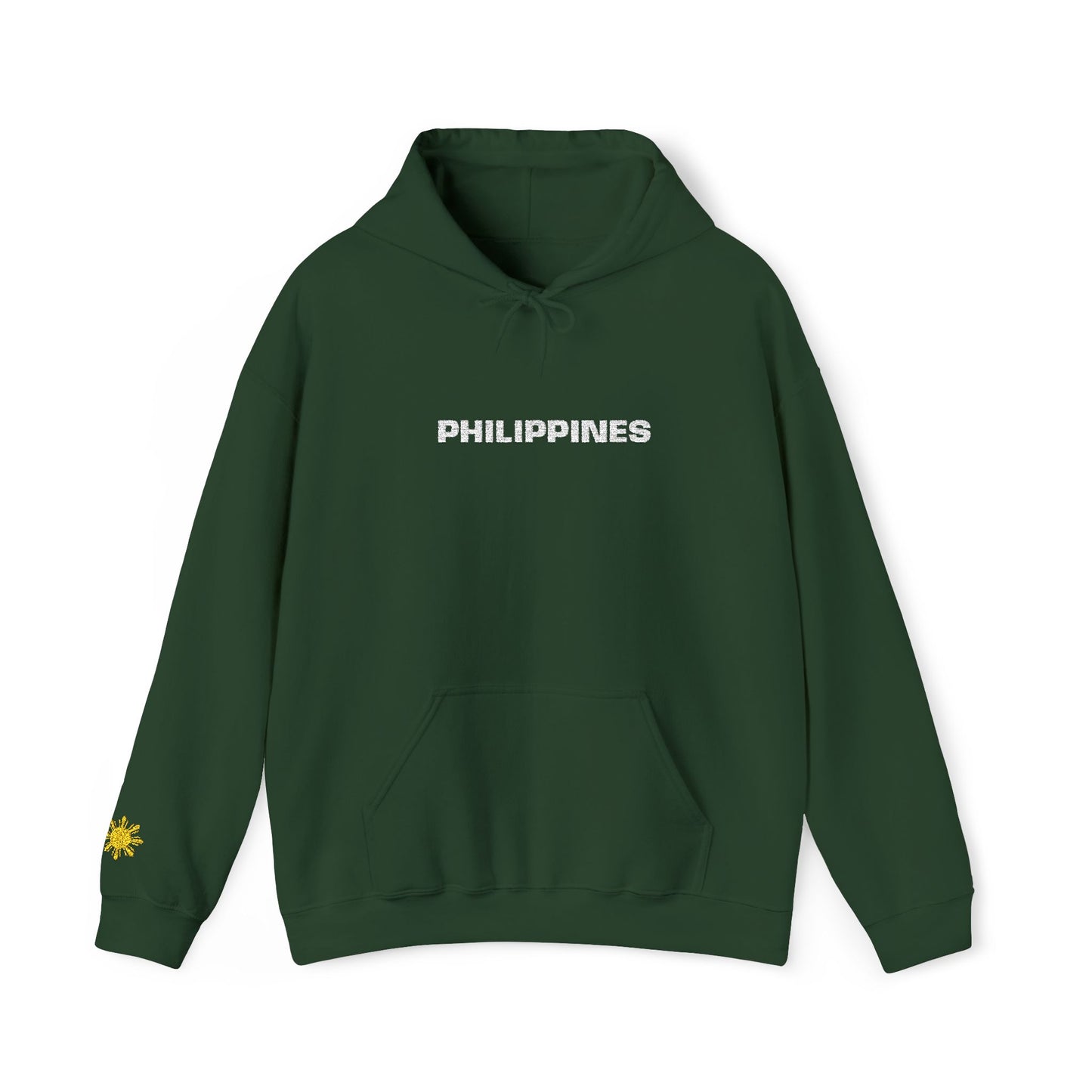 Philippines Graphic Hoodie — Minimal White Text with Gold Sun Sleeve Accent