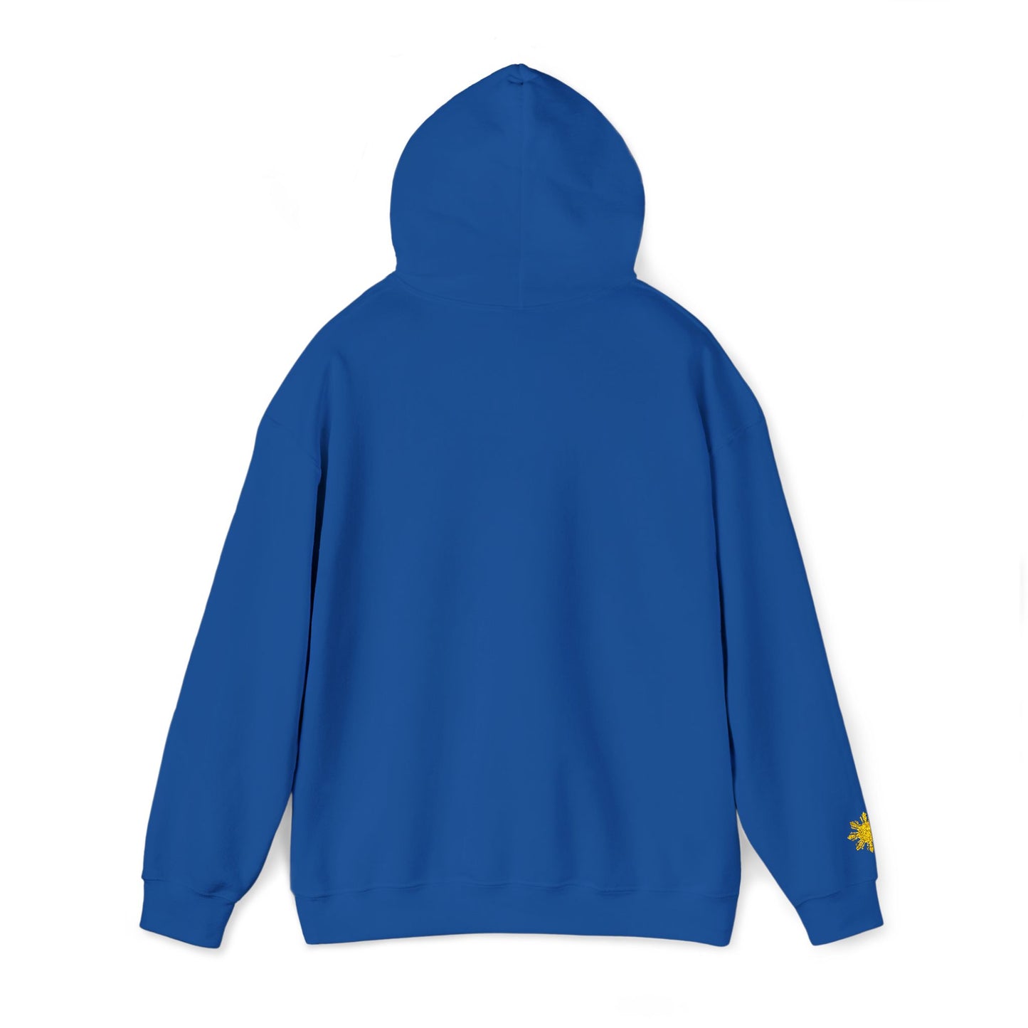 Philippines Graphic Hoodie — Minimal White Text with Gold Sun Sleeve Accent