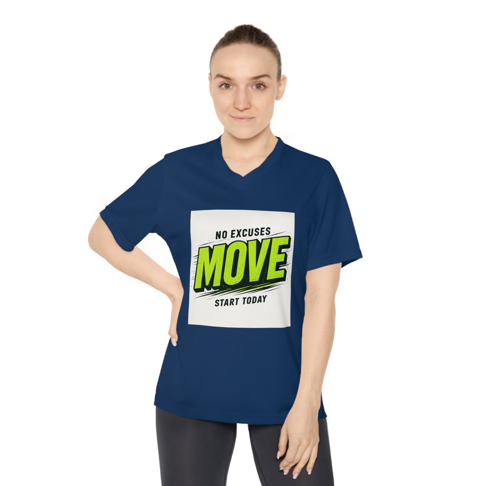 Move V-Neck Performance Tee – "No Excuses, Start Today" Motivational Workout Shirt