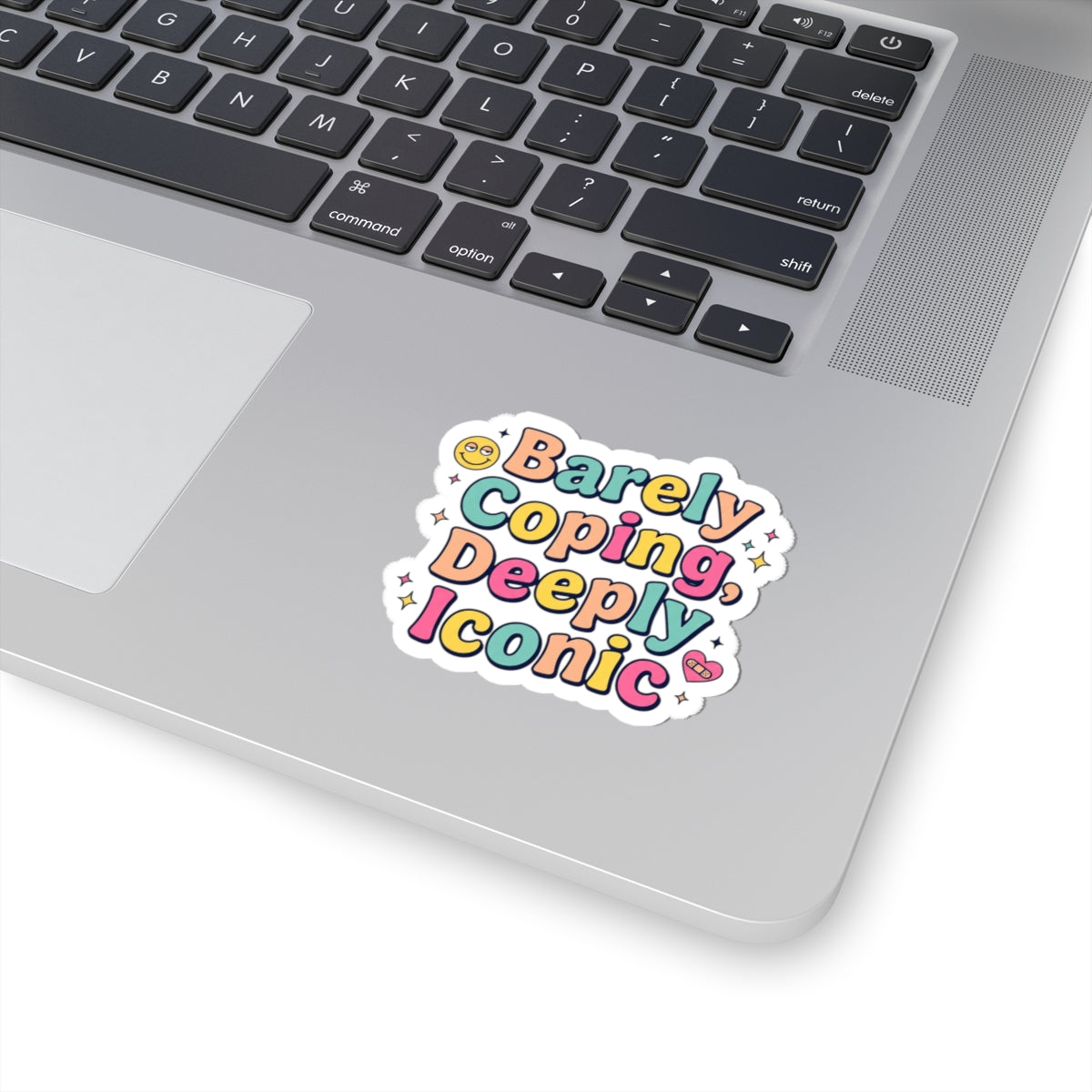 Barely Coping, Deeply Iconic Sticker | mental health humor, retro wavy text