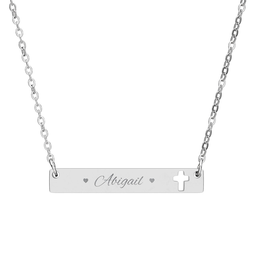Engravable Cutout Cross Bar Necklace — Personalized Religious Bar Pendant