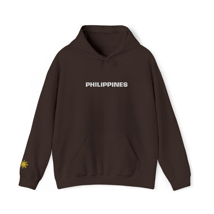 Philippines Graphic Hoodie — Minimal White Text with Gold Sun Sleeve Accent