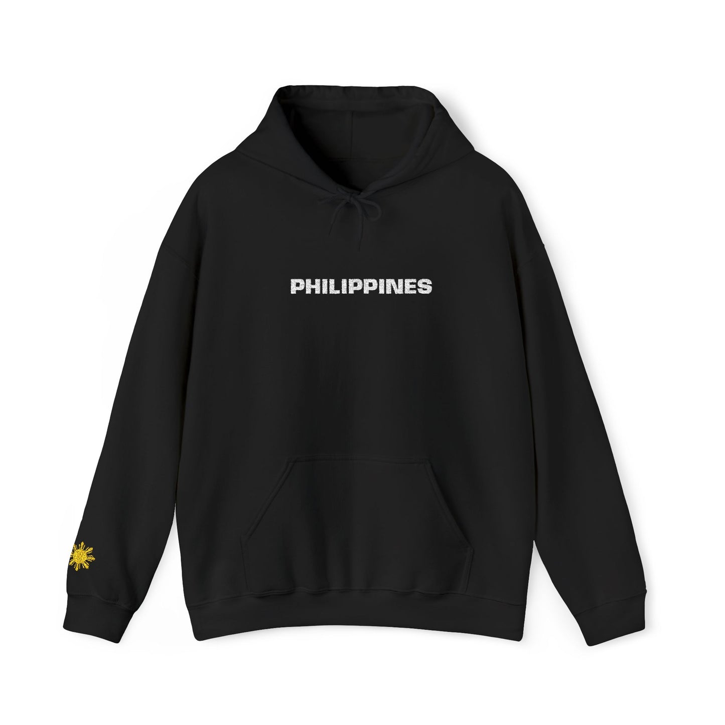 Philippines Graphic Hoodie — Minimal White Text with Gold Sun Sleeve Accent