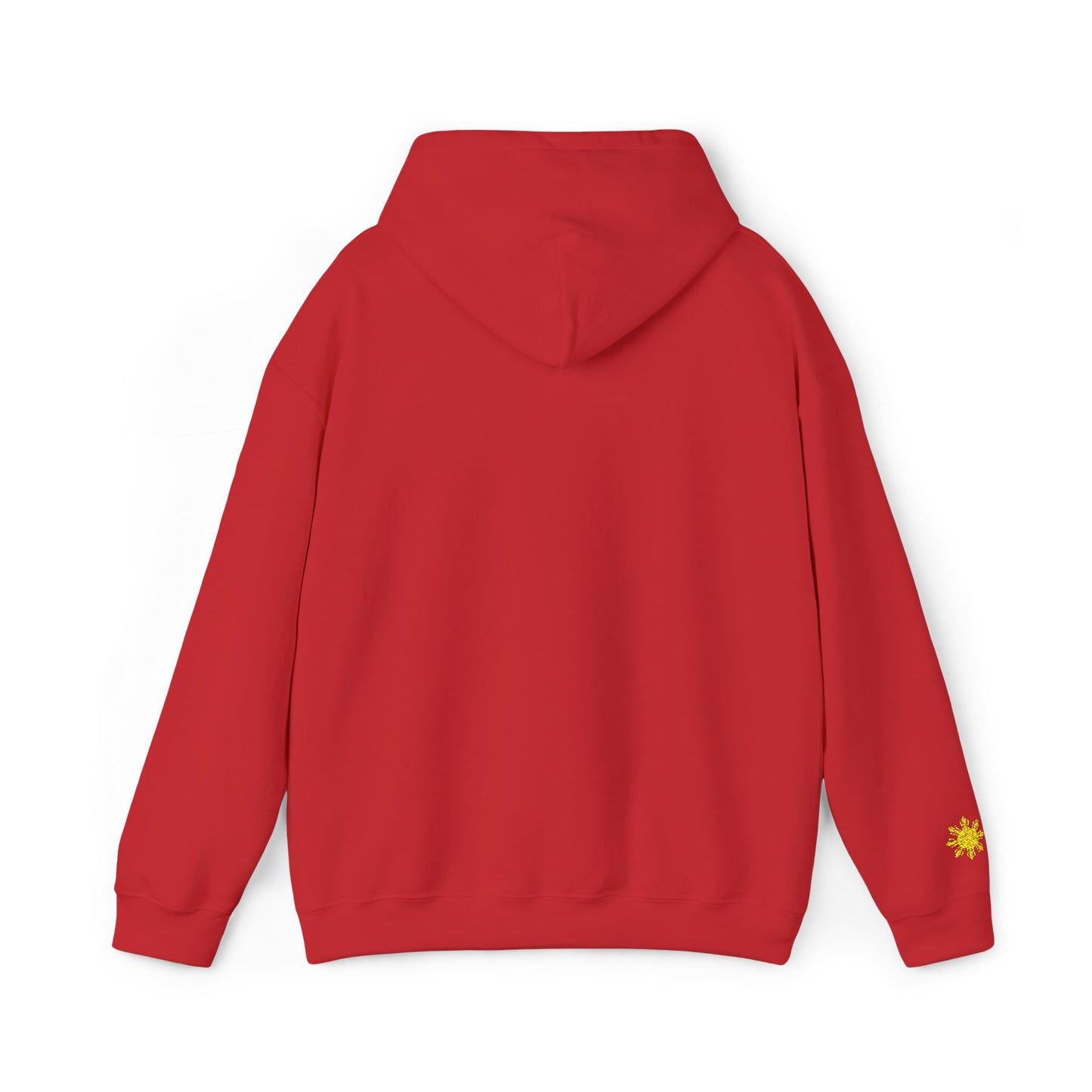 Philippines Graphic Hoodie — Minimal White Text with Gold Sun Sleeve Accent