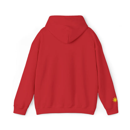Philippines Graphic Hoodie — Minimal White Text with Gold Sun Sleeve Accent