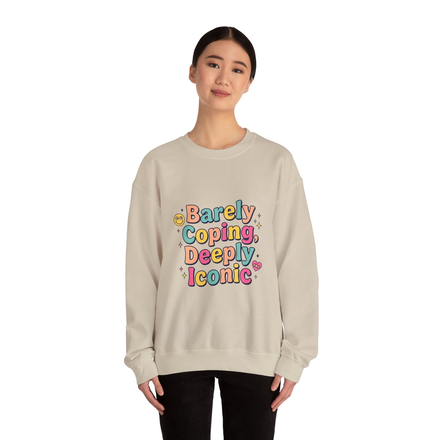 Barely Coping Deeply Iconic Sweatshirt | mental health humor, retro wavy text