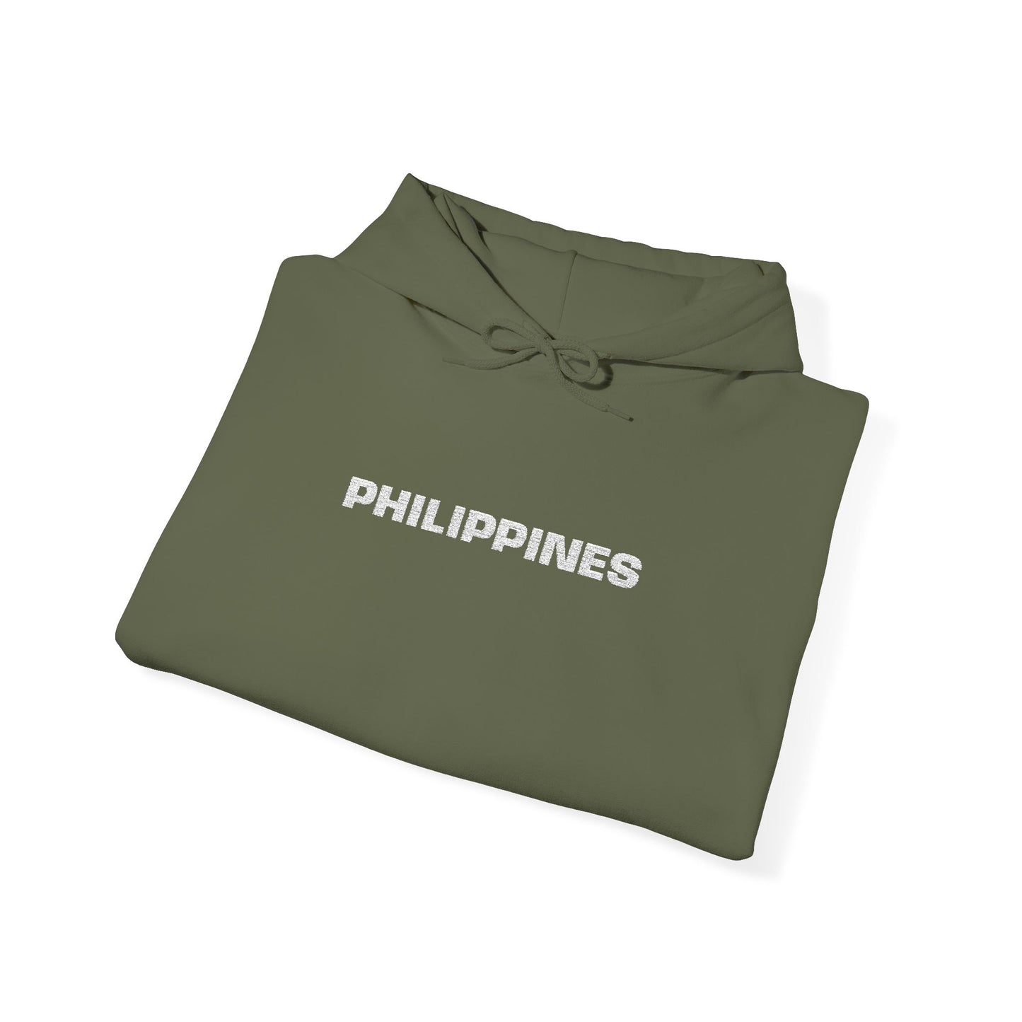 Philippines Graphic Hoodie — Minimal White Text with Gold Sun Sleeve Accent