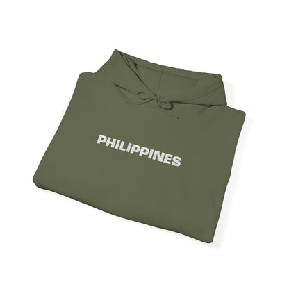 Philippines Graphic Hoodie — Minimal White Text with Gold Sun Sleeve Accent