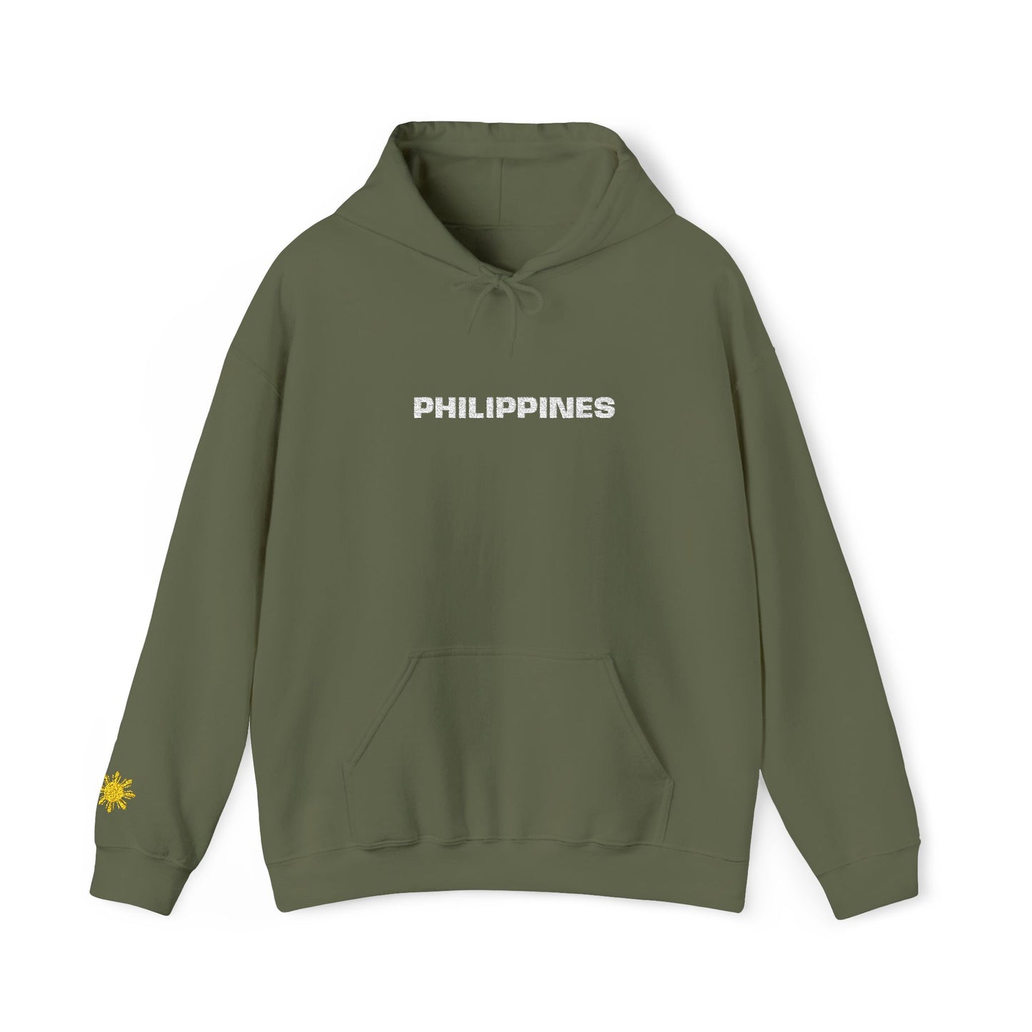 Philippines Graphic Hoodie — Minimal White Text with Gold Sun Sleeve Accent
