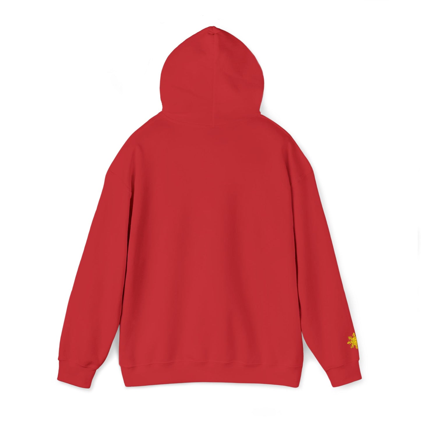 Philippines Graphic Hoodie — Minimal White Text with Gold Sun Sleeve Accent