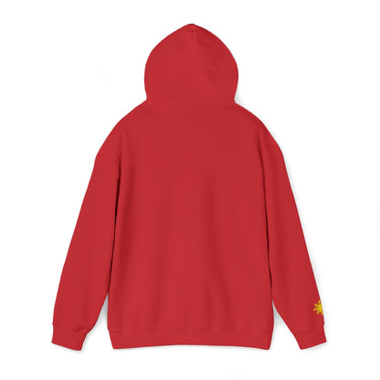 Philippines Graphic Hoodie — Minimal White Text with Gold Sun Sleeve Accent