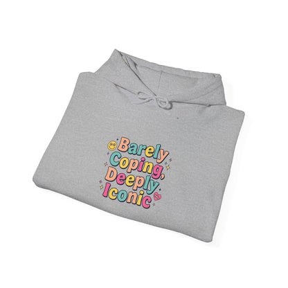 Barely Coping Deceptively Iconic Hoodie | mental health humor, retro wavy text