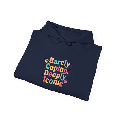 Barely Coping Deceptively Iconic Hoodie | mental health humor, retro wavy text